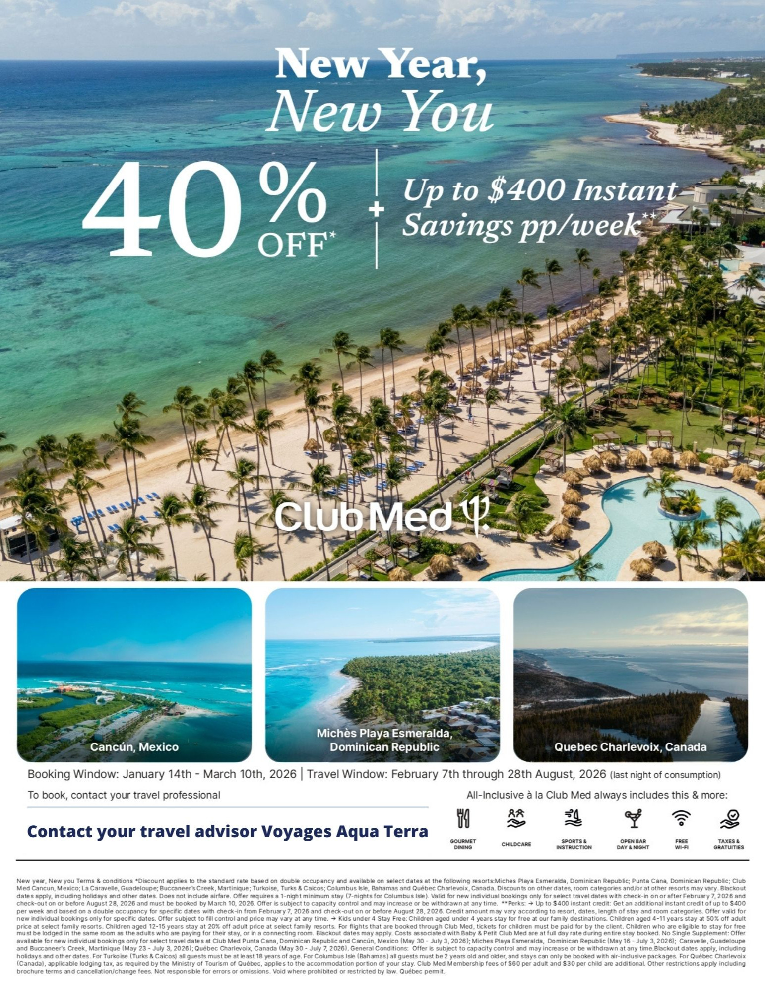 Club Med New Year Promotions, New Horizons: 40% off and up to $400 off with Partez en Voyage