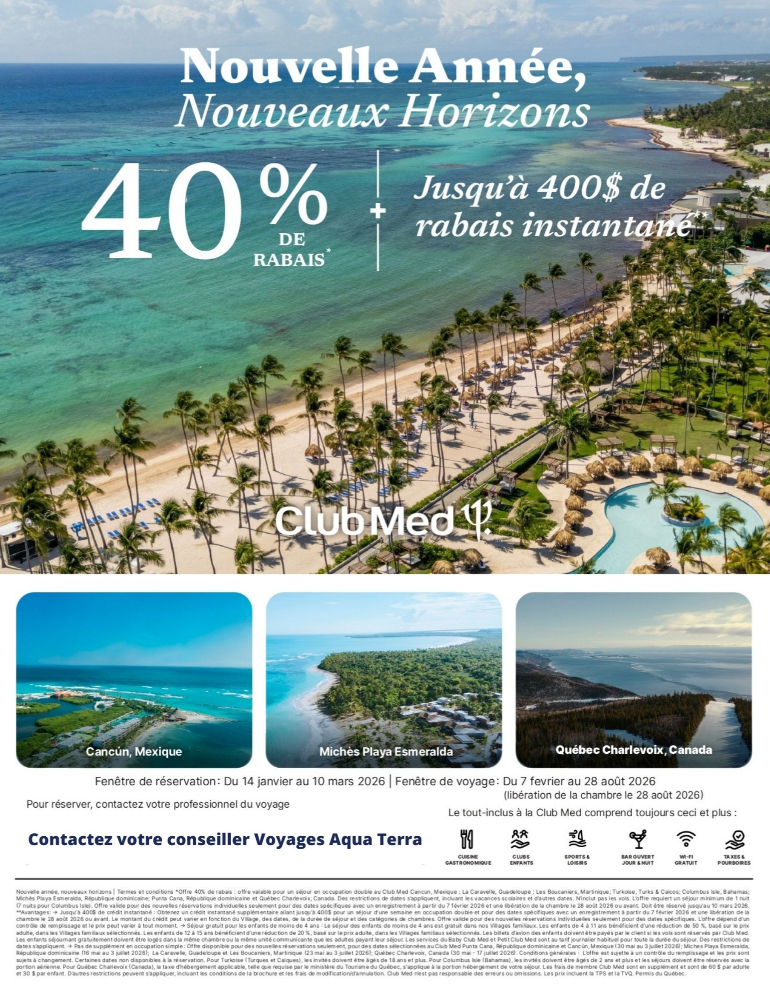 Promotions Club Med Nouvelle année, Nouveaux horizons, 40% de rabais et jusqu'à 400$ de rabais avec Partez en Voyage CLUB MED PROMOTION FLYER SECTION 1 FR