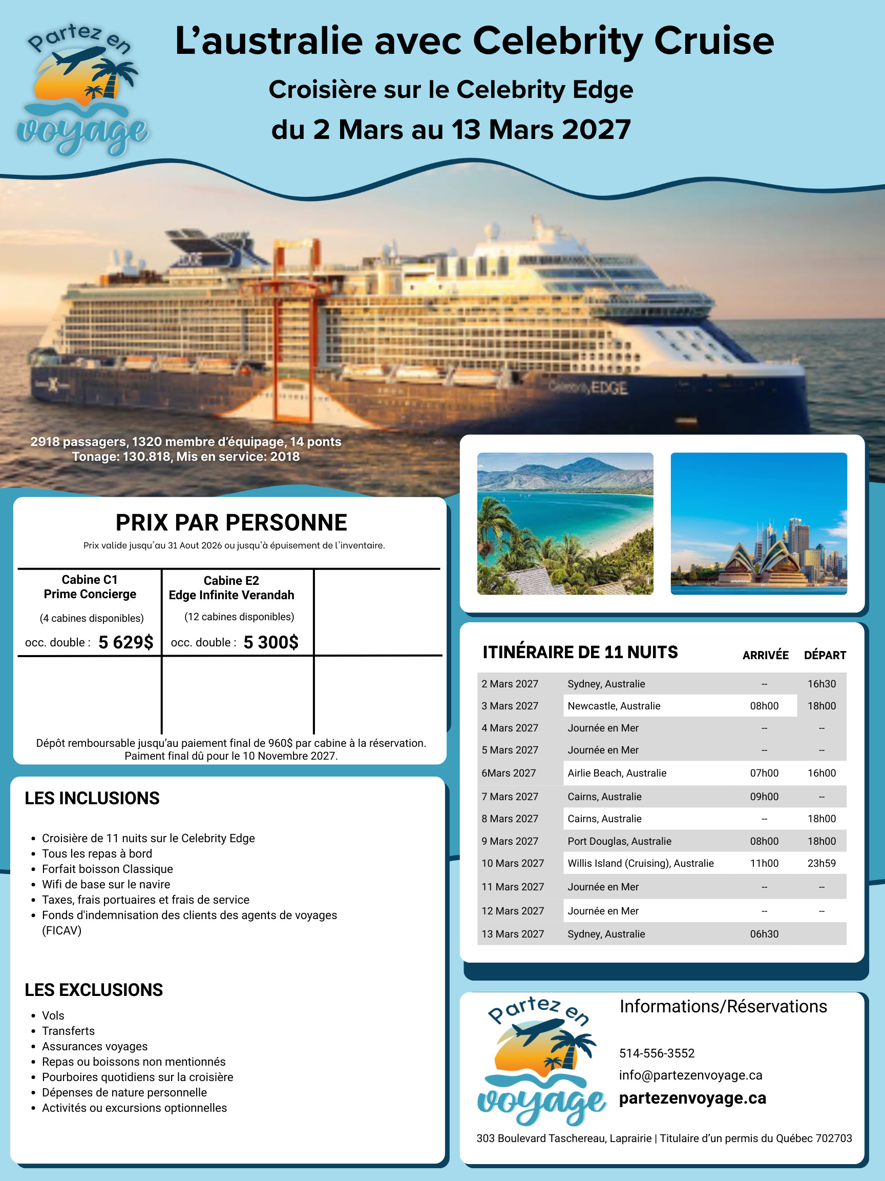 Croisi&egrave;re Australie 2027 &agrave; bord du Celebrity Edge &ndash; d&eacute;part de Sydney, Grande Barri&egrave;re de corail &ndash; pour voyageurs de Montr&eacute;al et de la Rive-Sud (La Prairie, Candiac)
