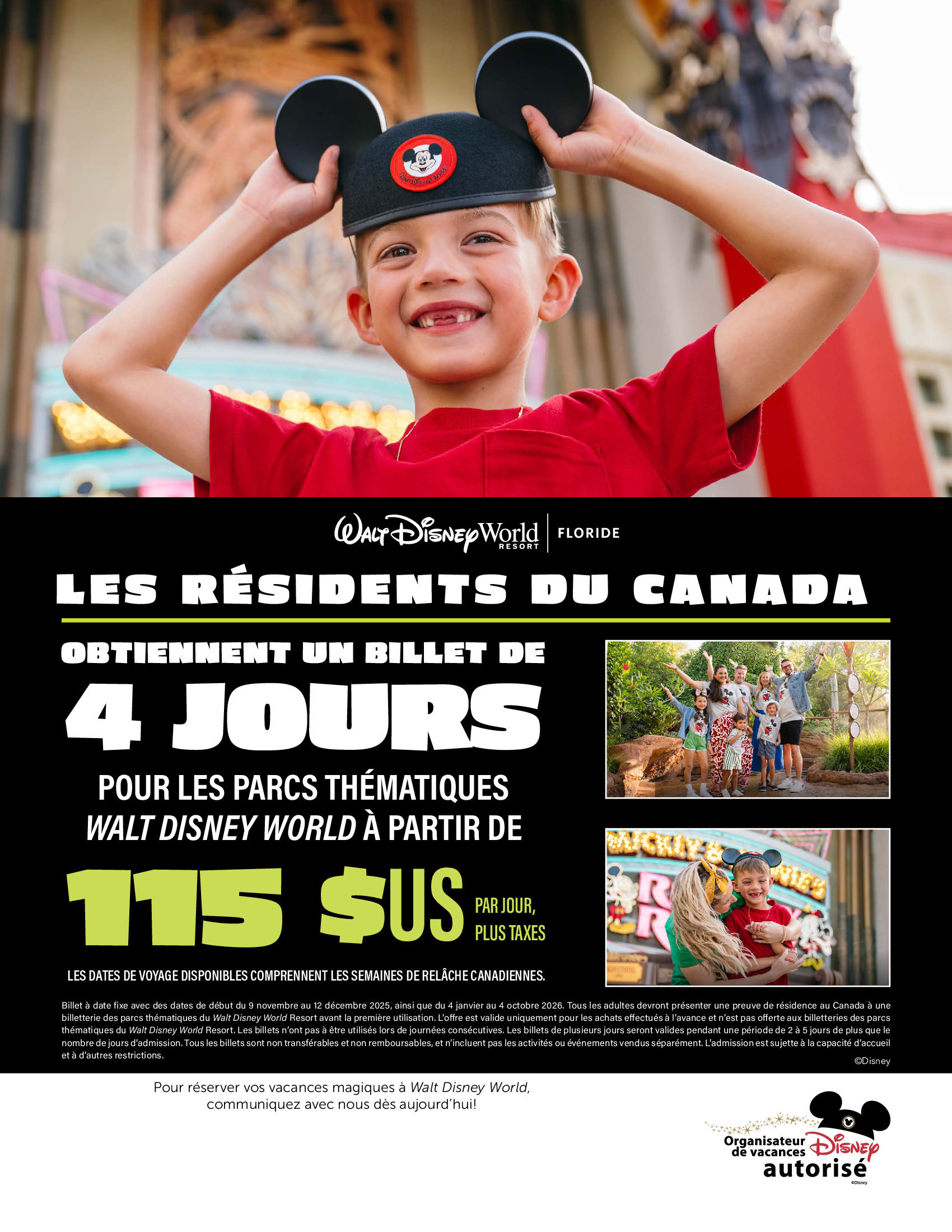 Walt Disney World Resort en Floride Les Résidents du Canada Obtiennent un Billet de 4 jours pour les parcs thématiques Walt Disney World à partir de 115$ USD