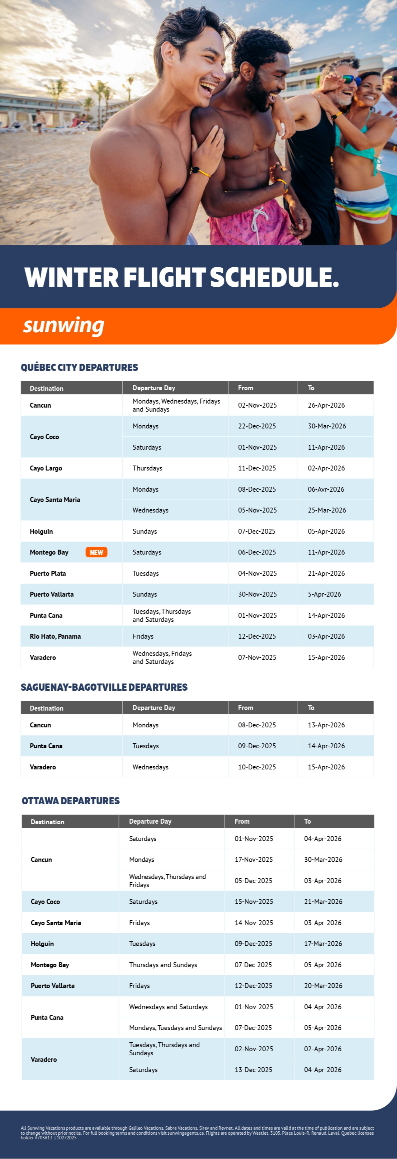 Sunwing Vacations winter flight schedule with Partez en Voyage