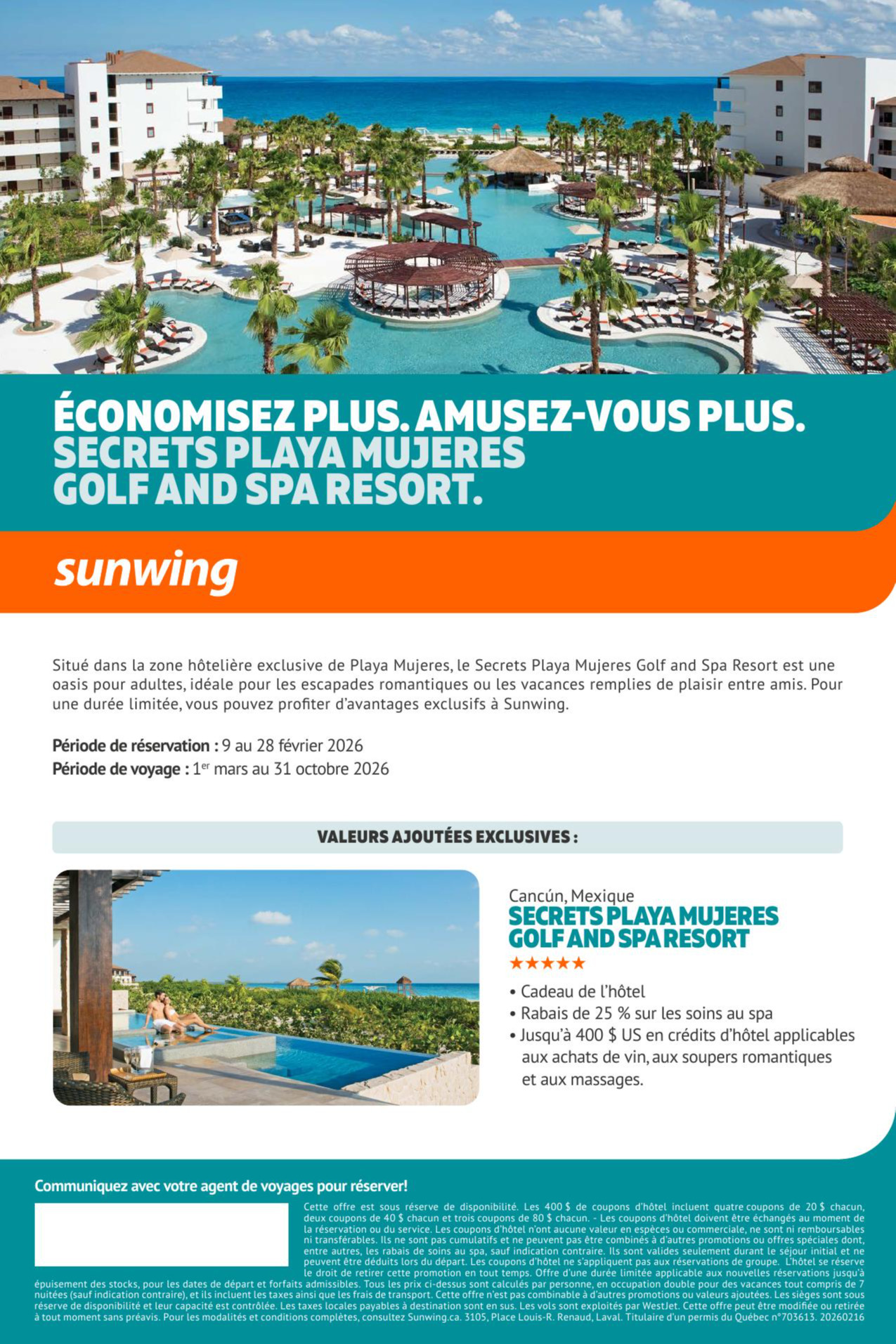 Promotion Vacance Sunwing Secrets Playa Mujeres avec Partez en Voyage