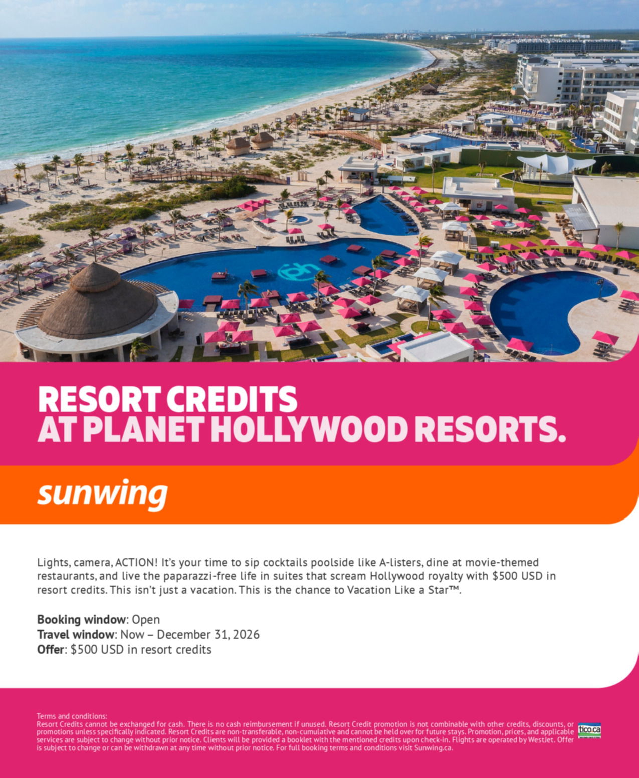 Sunwing Vacations Promotion Resort Credits at Planet Hollywood Resorts with Partez en Voyage