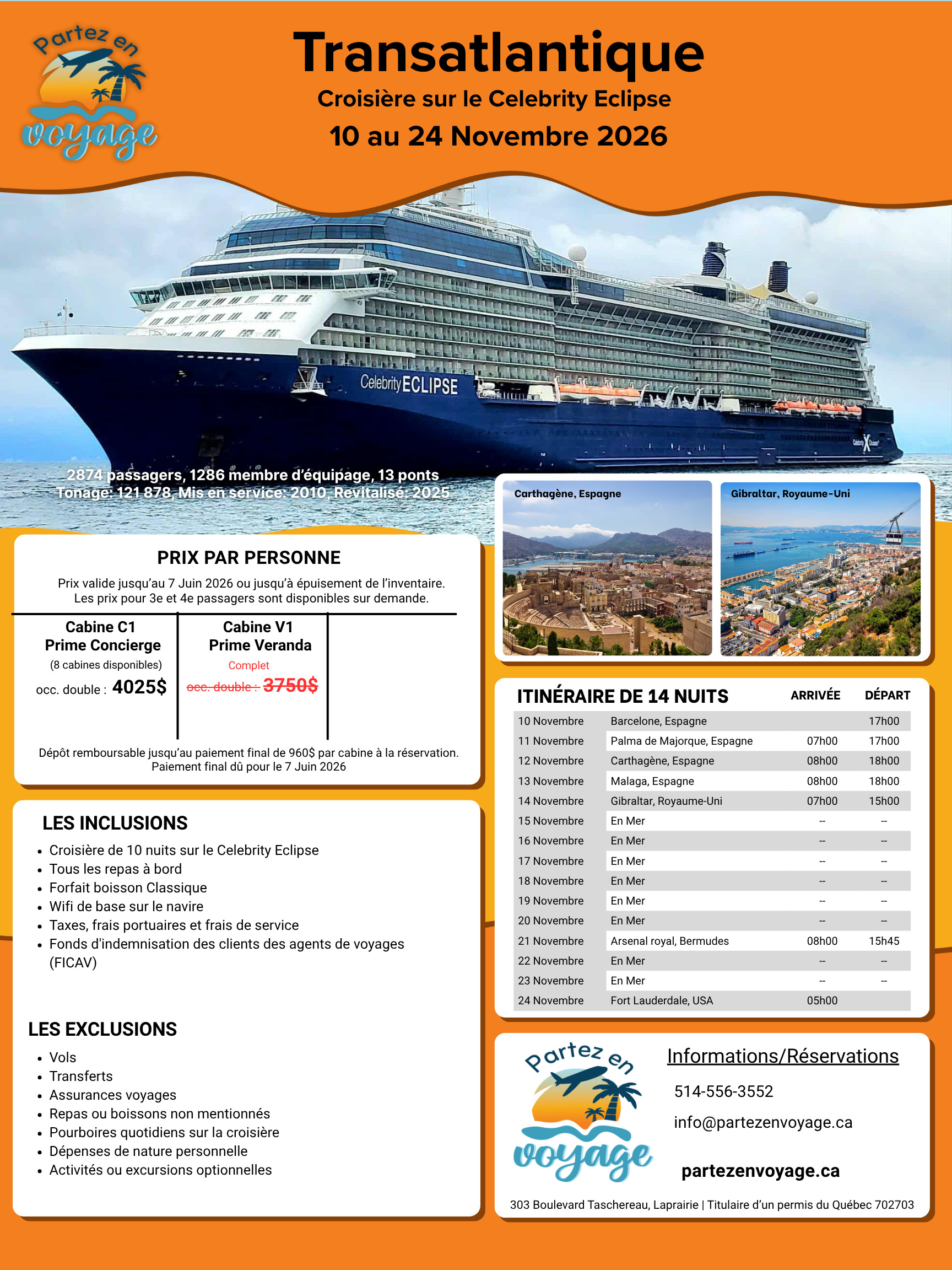 Croisière Transatlantique Novembre 2026Mariage dans le sud